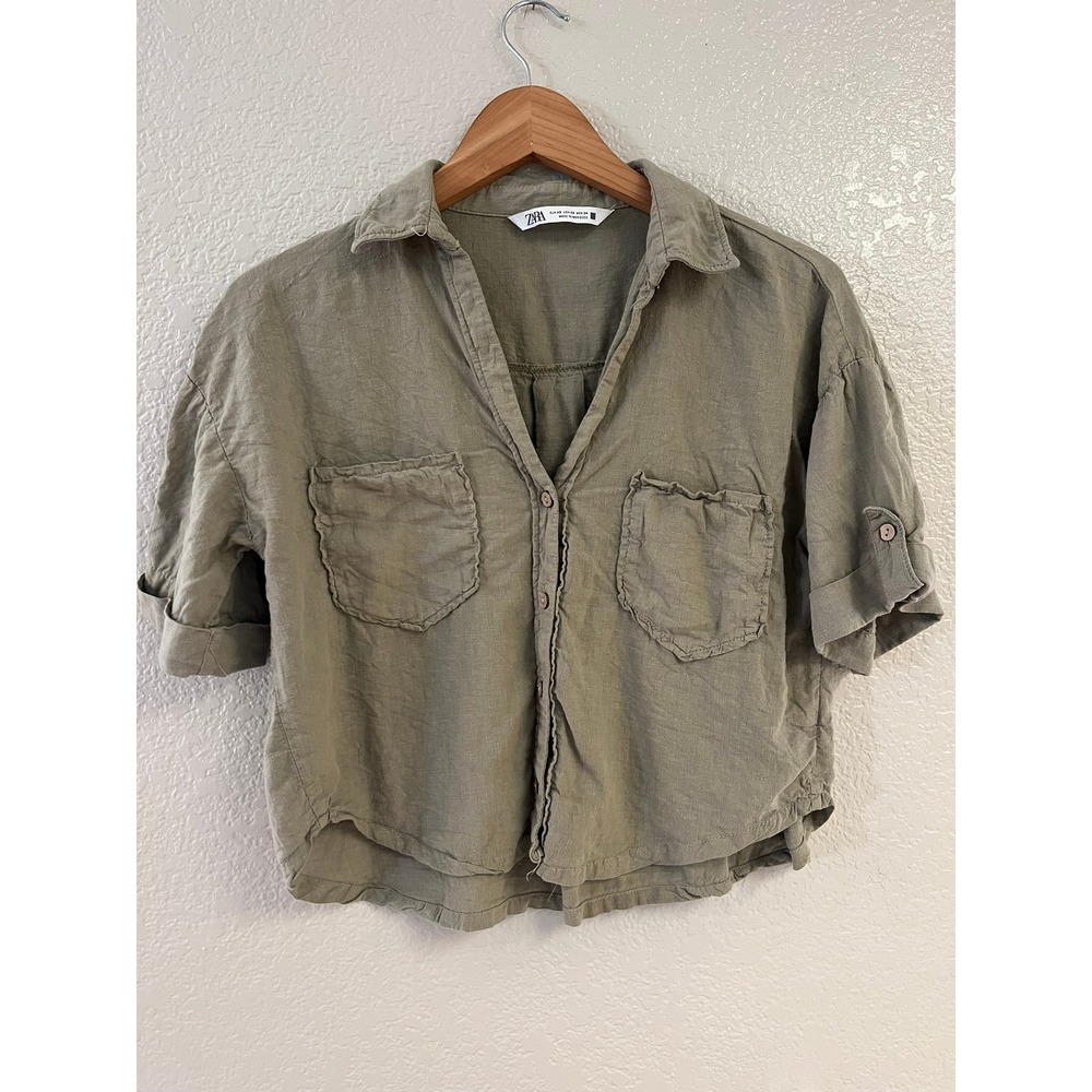 Zara Olive Green Linen Blend Cropped Button Down Shirt Short Sleeve XS